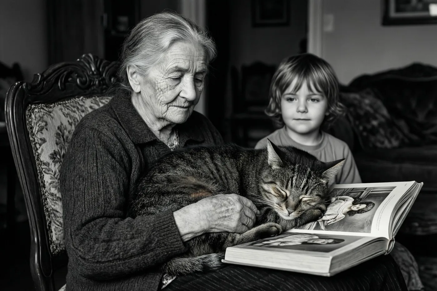 Een oudere vrouw zit met een slapende gestreepte kat op schoot en een open prentenboek naast zich, terwijl een kind deels zichtbaar is op de achtergrond.