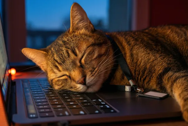 Een gestreepte kat slaapt met haar kop op het toetsenbord van een laptop in warm verlicht schemerlicht, met een blauw raam op de achtergrond.