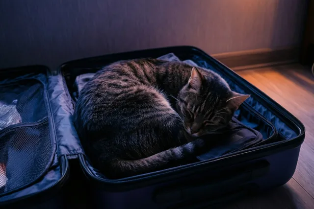 Een tijgerkat slaapt opgerold in een open, ingepakte koffer in een schemerige kamer met warm licht.