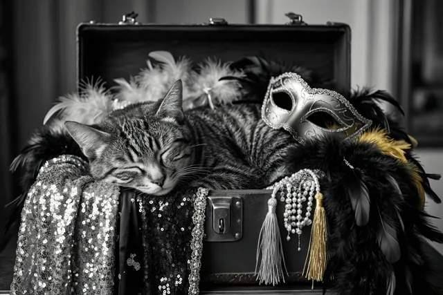 Een gestreepte kat slaapt in een open koffer met paillettenstoffen, verenboa’s en een versierd masker, op een zwart-witfoto.