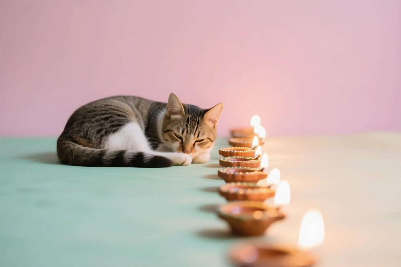 Een gestreepte kat ligt opgerold te slapen op een blauwgroene ondergrond naast een rij brandende olielampjes, voor een zachtroze muur.