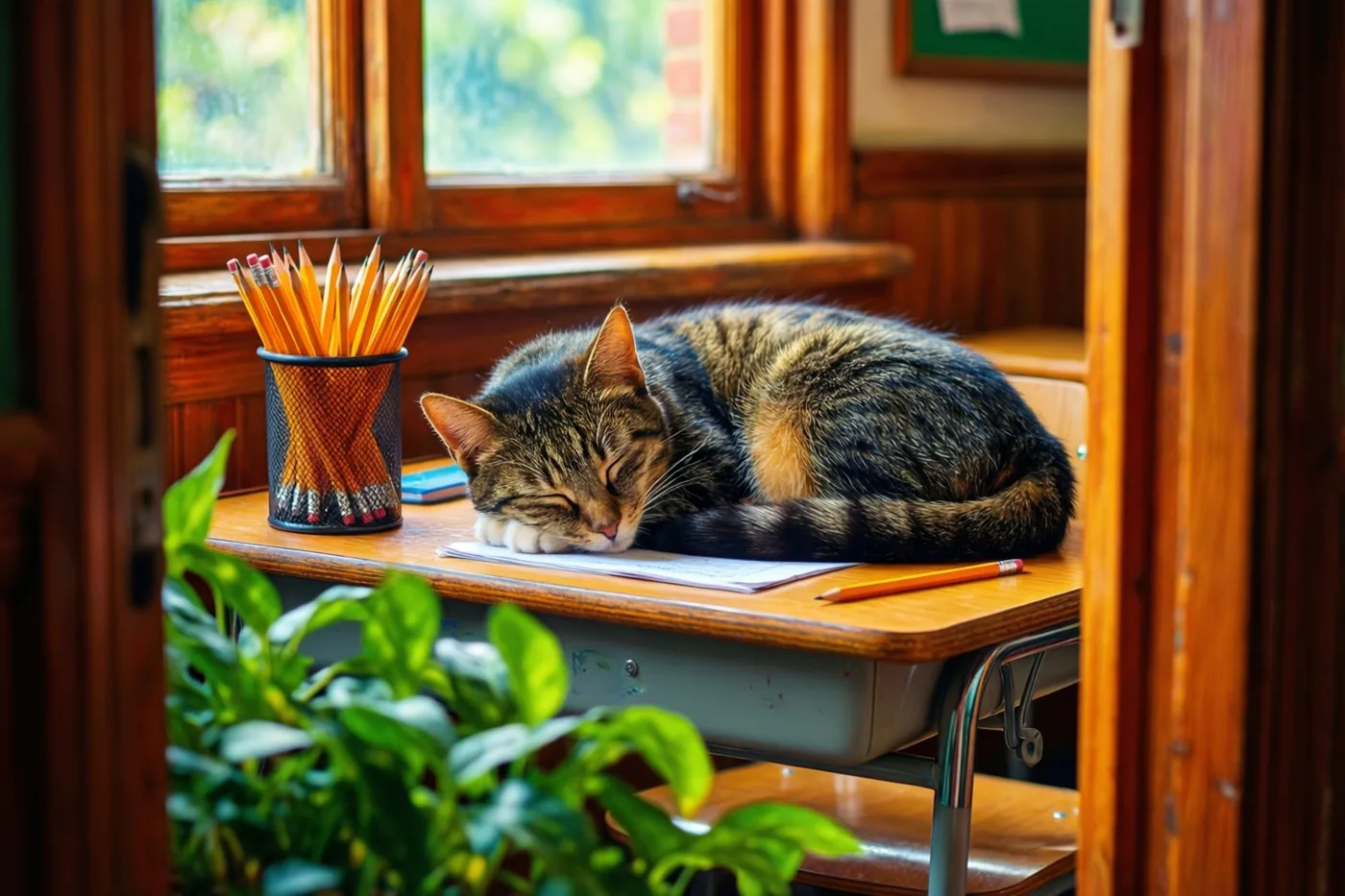 Een tijgerkat slaapt op een houten schoolbank naast een pot met geslepen potloden, in een warm verlichte kamer met houten raamkozijnen en groen op de voorgrond.