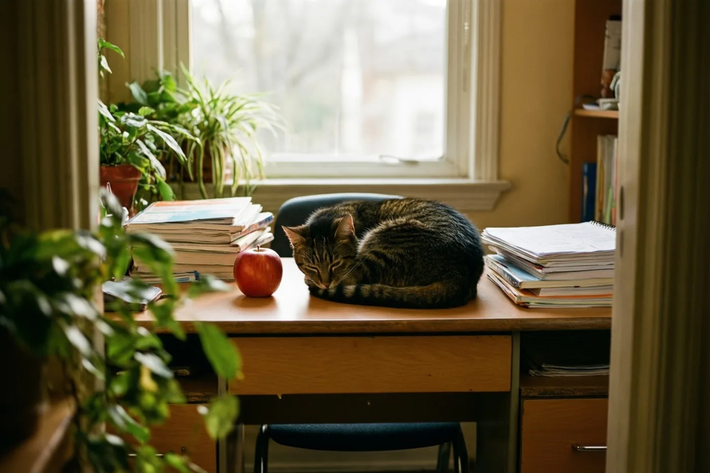 Een gestreepte kat slaapt opgerold op een houten bureau naast een rode appel en stapels schriften, met planten en een raam op de achtergrond.