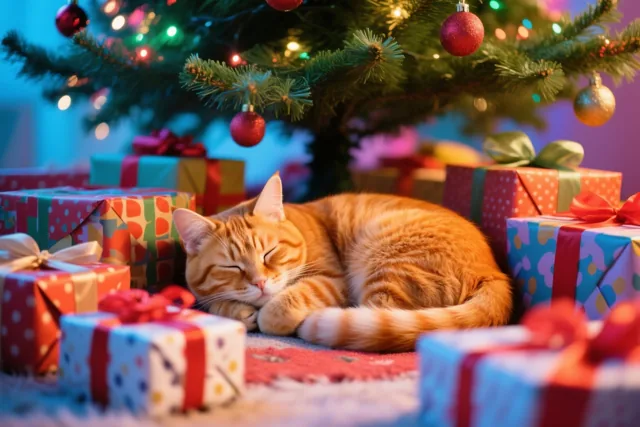 Een rosse kat slaapt opgekruld tussen kleurrijk ingepakte cadeaus onder een versierde kerstboom met warme lichtjes.