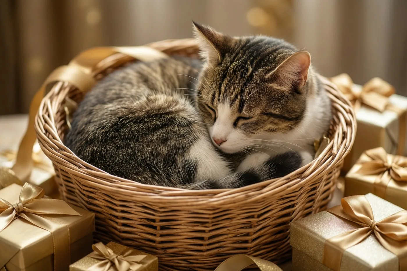 Een gestreepte kat met witte vlekken slaapt opgerold in een rieten mand tussen gouden geschenkdoosjes met linten, in warm licht voor een gouden achtergrond.