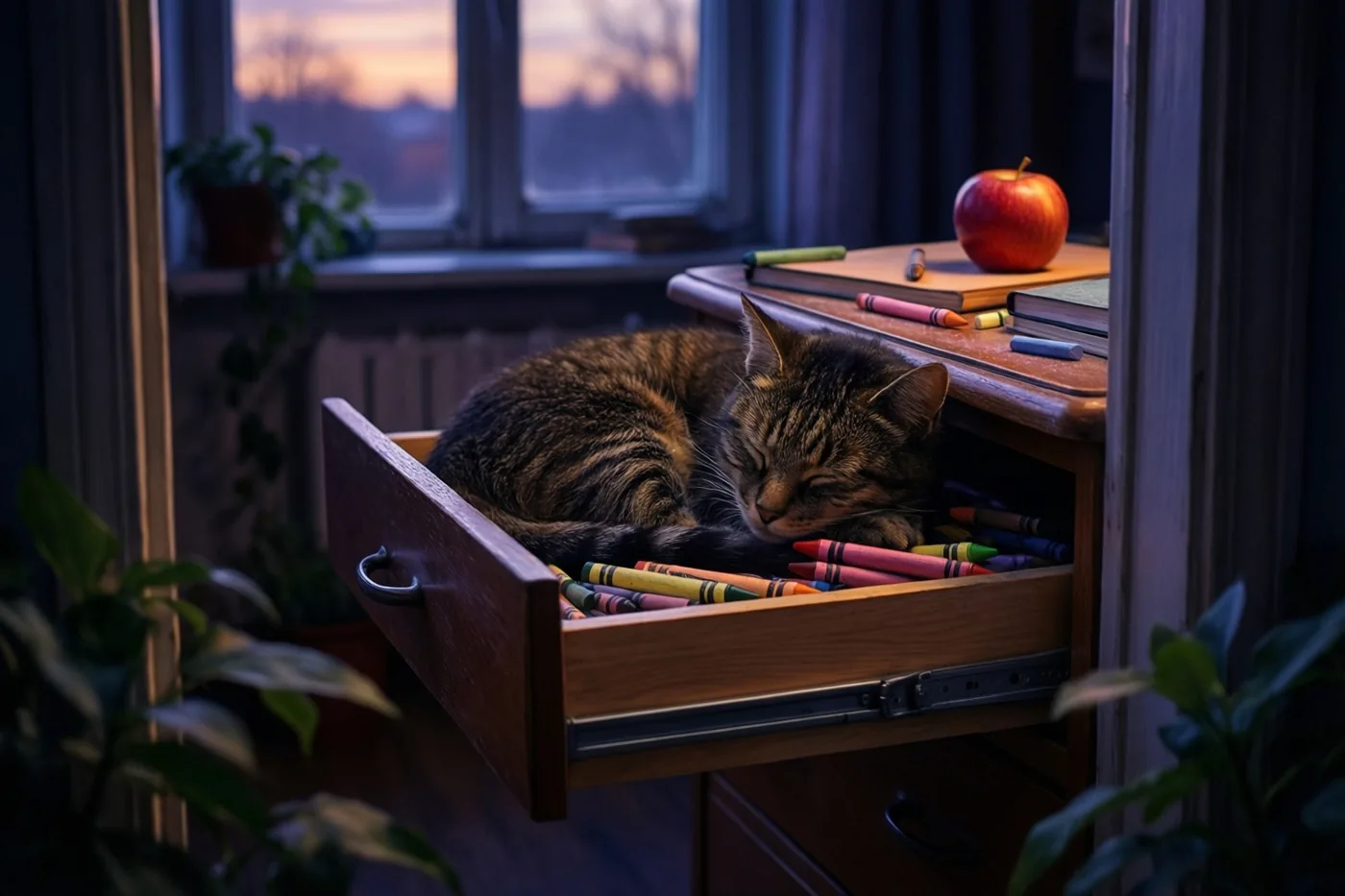 Een gestreepte kat slaapt opgerold in een halfopen houten bureaulade met kleurrijke waskrijtjes, met een rode appel en boeken op het bureau en een zonsondergang achter het raam.