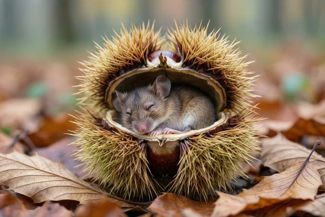 Een kleine muis ligt opgerold te slapen in een open stekelige kastanjebolster tussen bruine afgevallen bladeren in een herfstbos.