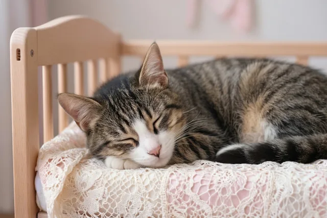 Een tijgerkat met een witte snuit slaapt in een houten wieg met een crèmekleurige kanten deken over roze stof.