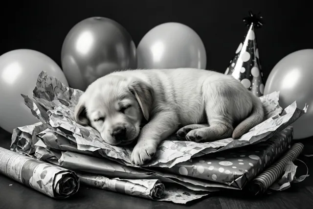 De pup viert slapend mee