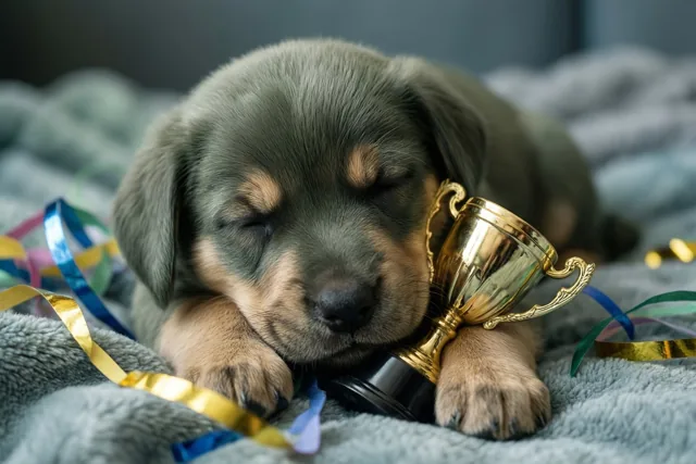 Een kleine grijsbruine puppy slaapt op een zachte grijze deken en omarmt een gouden bekertje, omringd door kleurrijke slingers.