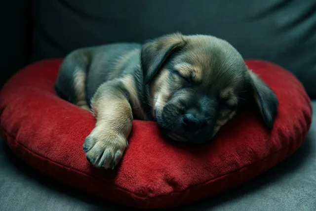 Een kleine puppy slaapt op een rood hartvormig kussen tegen een donkergrijze achtergrond.