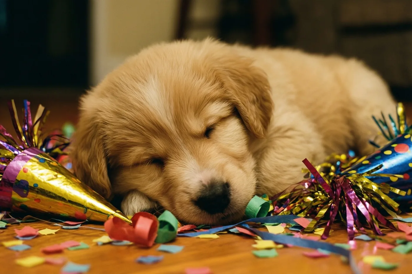 Een pluizige goudkleurige puppy ligt te slapen op een houten vloer tussen kleurrijke serpentines en confetti in warm licht.