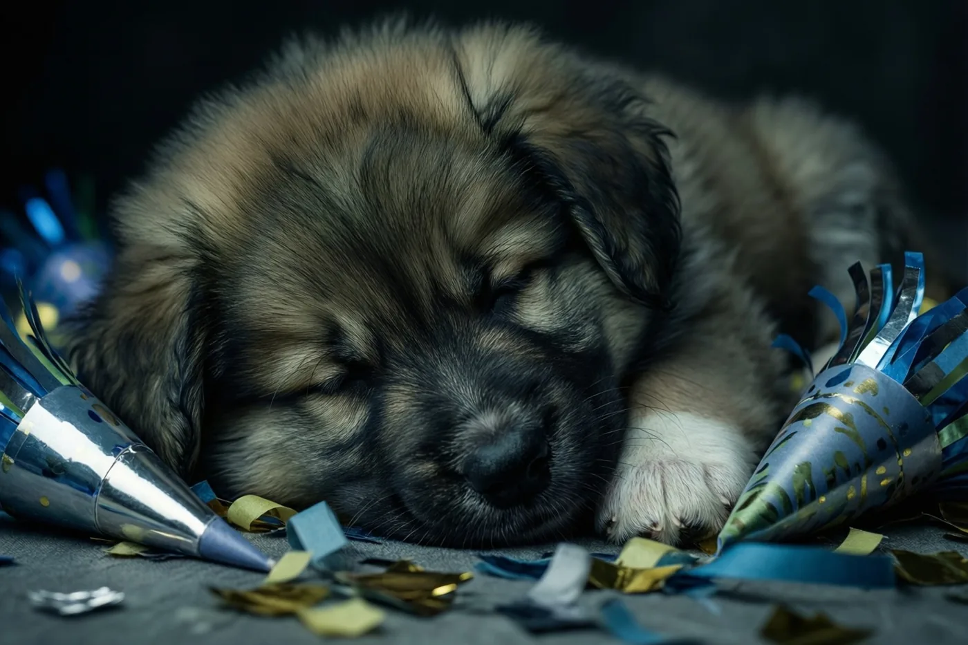 Een pluizige puppy ligt rustig te slapen op een donkere ondergrond tussen blauwe en gouden confetti en serpentines in zacht licht.