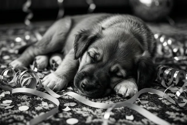 Een kleine puppy slaapt op een tapijt met een patroon tussen verwarde zilveren slingers en confetti in een zwart-wit beeld.