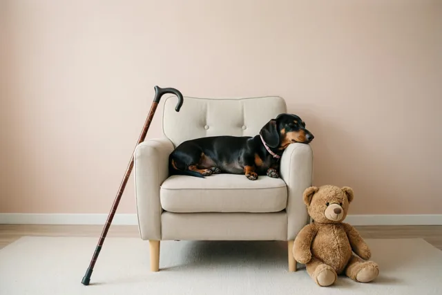 Een zwartbruine teckel slaapt op een beige zetel naast een houten wandelstok en een bruine teddybeer op een licht tapijt, tegen een zachtroze muur.