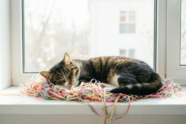 Een tijgerkat slaapt tussen kleurrijke serpentines op een witte vensterbank, met zacht daglicht en een onscherpe buitenachtergrond.