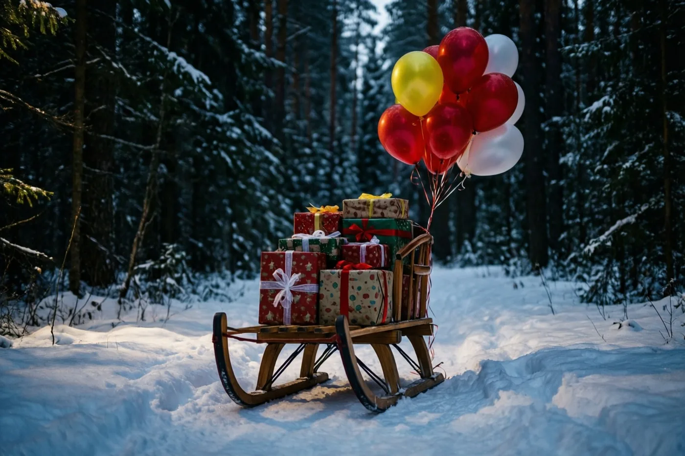 Een houten slee met ingepakte kerstcadeaus en rode, witte en gele ballonnen staat tussen besneeuwde bomen in een winterbos.