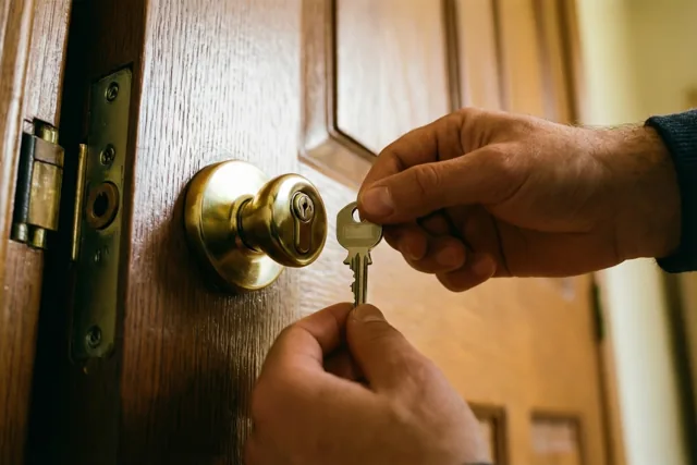 Handen steken een sleutel in het slot van een houten voordeur in warm licht met bruine en gouden tinten.