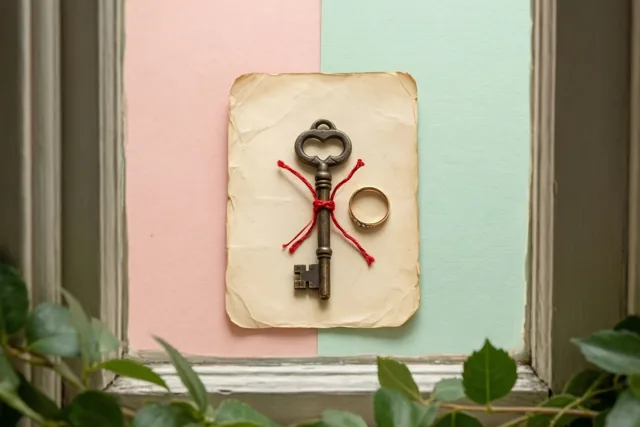 Een oude sleutel en een gouden ring zijn met rood touw verbonden op oud papier tegen een pastelroze en mintgroene achtergrond, omlijst door een houten vensterbank met groen onderaan.