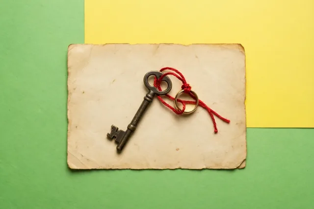 Een oude sleutel en een gouden ring zijn met een rood touwtje aan elkaar gebonden op verouderd papier, tegen een groen-gele achtergrond.