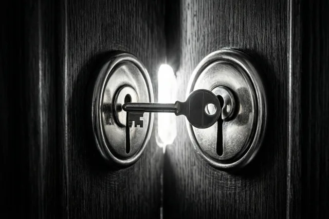 Een zwart-witfoto toont een sleutel in het slot van een donkere houten deur met fel licht door het sleutelgat.
