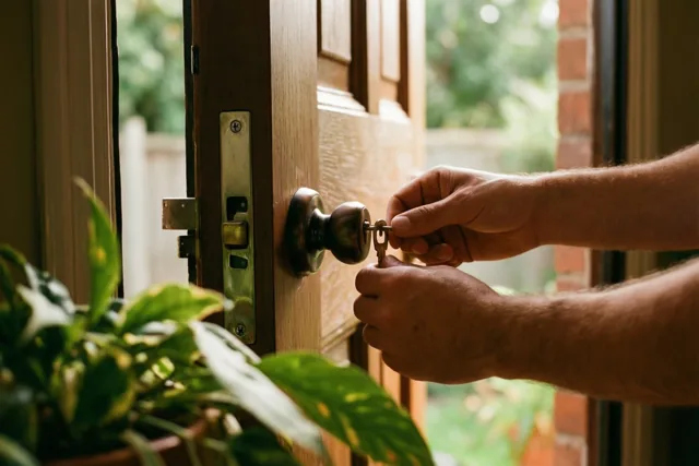Handen draaien een sleutel in het slot van een houten voordeur, met groen gebladerte op de voorgrond en warm natuurlijk licht.