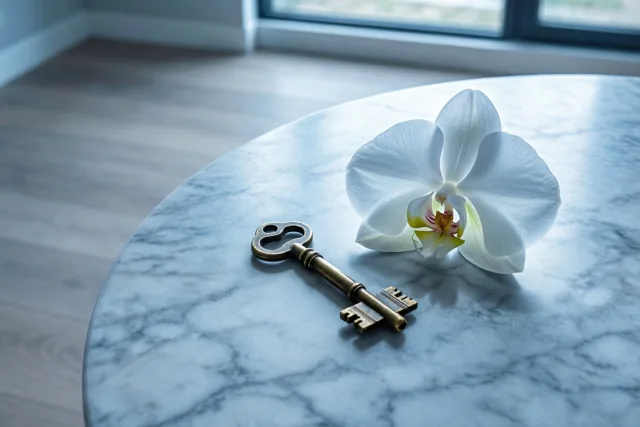 Een messing sleutel en een witte orchideebloem liggen op een ronde marmeren tafel in een lege, lichte kamer met een licht houten vloer en een raam op de achtergrond.