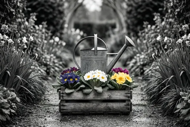 Een houten kist met kleurrijke sleutelbloemen en een metalen gieter staan op een tuinpad, waarbij alleen de bloemen kleur hebben in het zwart-witte beeld.