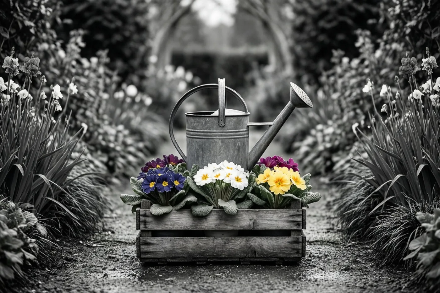 Een houten kist met kleurrijke sleutelbloemen en een metalen gieter staan op een tuinpad, waarbij alleen de bloemen kleur hebben in het zwart-witte beeld.