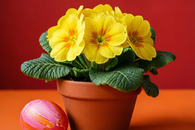Een pot met gele sleutelbloemen en groene bladeren staat naast een beschilderd ei op een oranje ondergrond tegen een rode muur.
