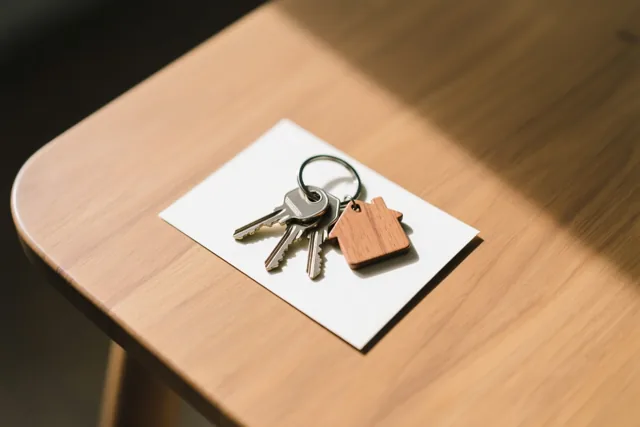 Metalen sleutels met een houten sleutelhanger in de vorm van een huis liggen op een wit kaartje op een lichte houten tafel in zacht zonlicht.