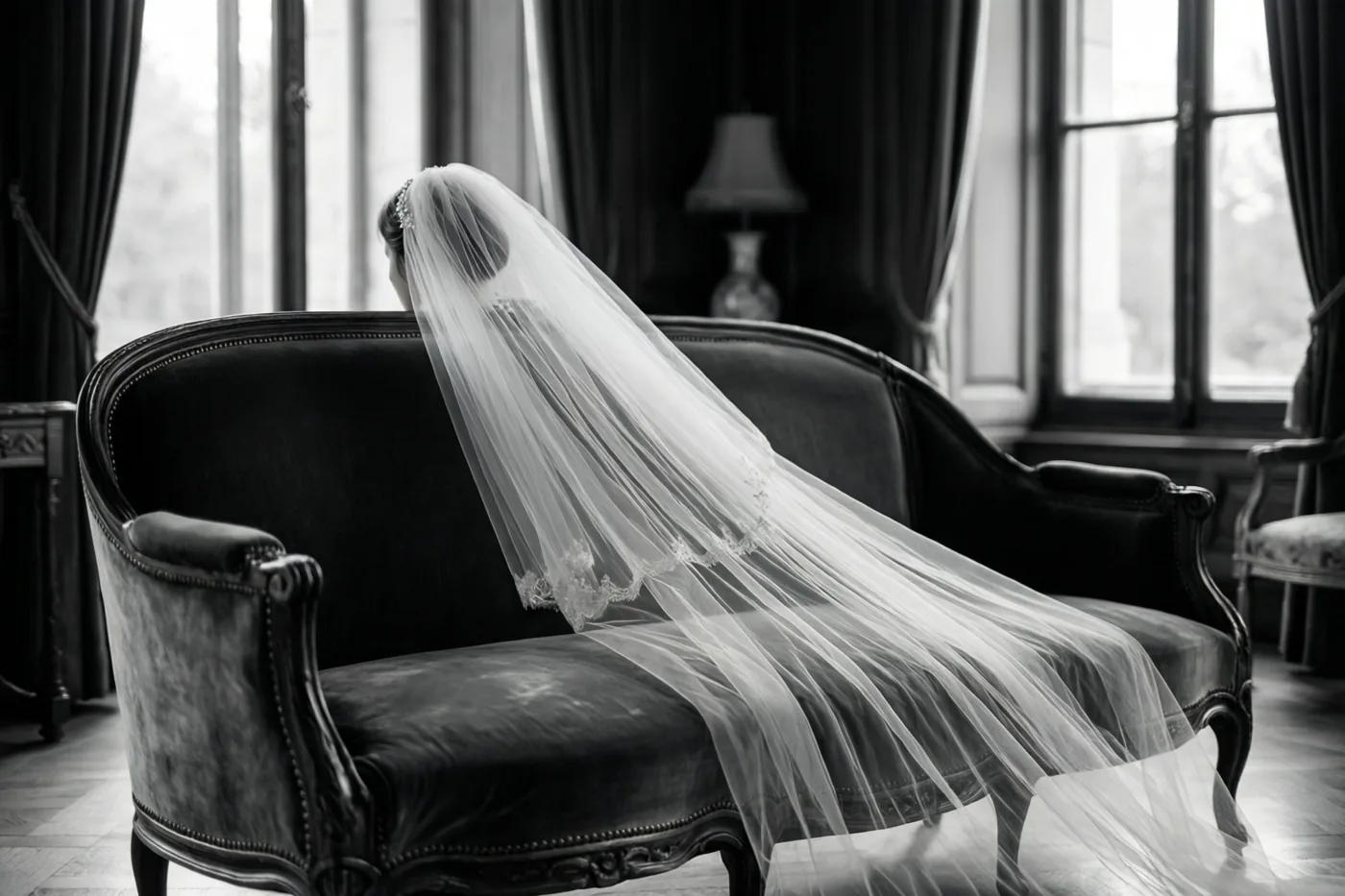 Een zwart-witfoto toont een lange bruidssluier over een donkere fluwelen chaise longue in een elegante kamer met hoge ramen.