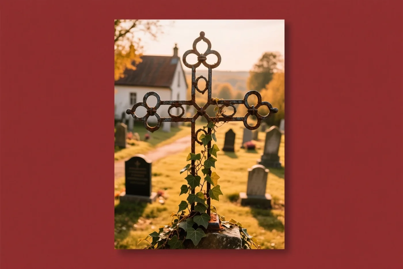 Een verweerd smeedijzeren kruis met klimop aan de voet staat op een dorpskerkhof, met grafstenen en een kerk in goudkleurig licht.