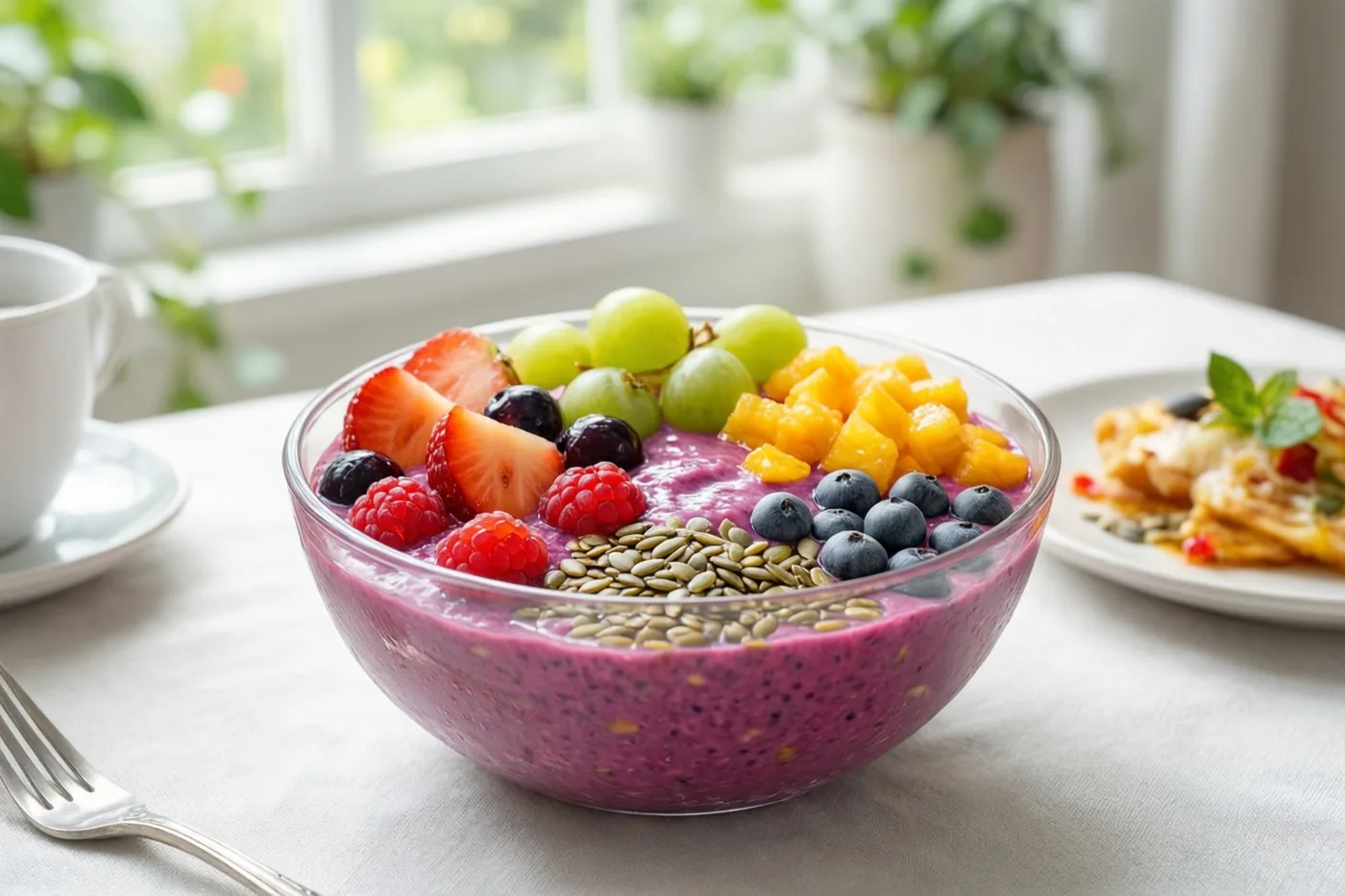 Een paarse smoothiekom met aardbeien, frambozen, blauwe bessen, groene druiven, mangostukjes en pompoenpitten staat op een wit tafelkleed bij een raam.