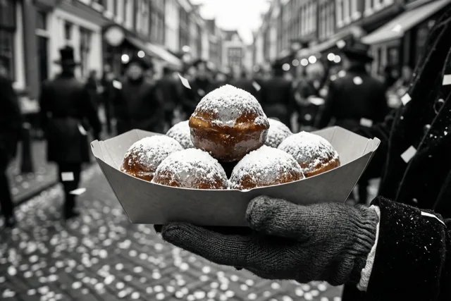 Een zwart-witfoto toont een hand met een donkere gebreide handschoen die een papieren bakje smoutebollen met poedersuiker vasthoudt voor een onscherpe straat met confetti en verklede mensen.