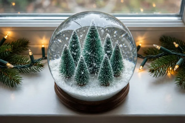 Een sneeuwbol met kleine dennenbomen en dwarrelende glinsterende sneeuw staat op een vensterbank tussen groene dennentakken en warme kerstlichtjes.