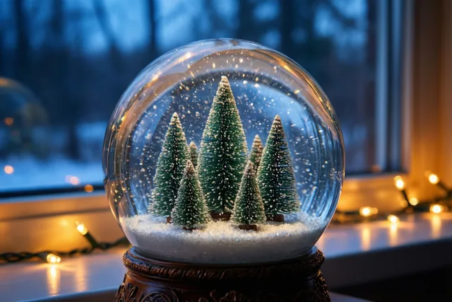 Een sneeuwbol met kleine dennenbomen en dwarrelende glinsterende sneeuw staat op een vensterbank tussen warme kerstlichtjes, voor een onscherp blauw winters uitzicht.