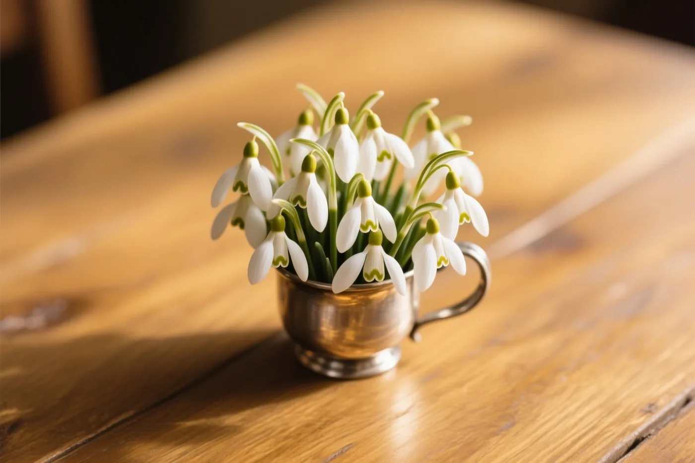 Een klein bosje witte sneeuwklokjes met groene stelen staat in een tinnen bekertje op een lichtbruine houten tafel in zacht licht.