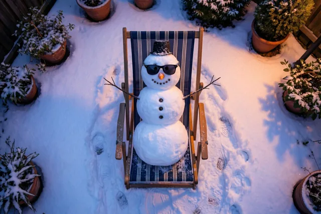 Een sneeuwman met zonnebril en hoge hoed zit in een gestreepte ligstoel in een besneeuwde tuin met besneeuwde potplanten en goudkleurig licht.