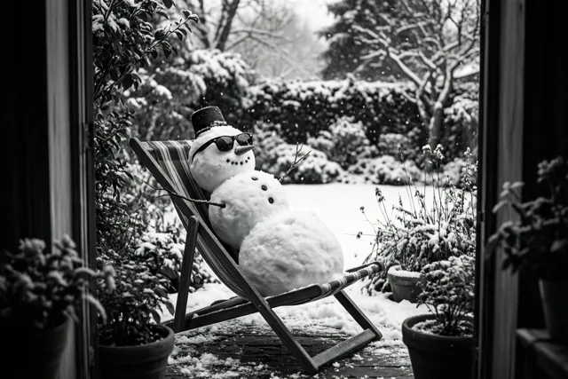 Door een deuropening is een sneeuwman met zonnebril en hoge hoed in een gestreepte ligstoel in een besneeuwde tuin te zien op een zwart-witfoto.