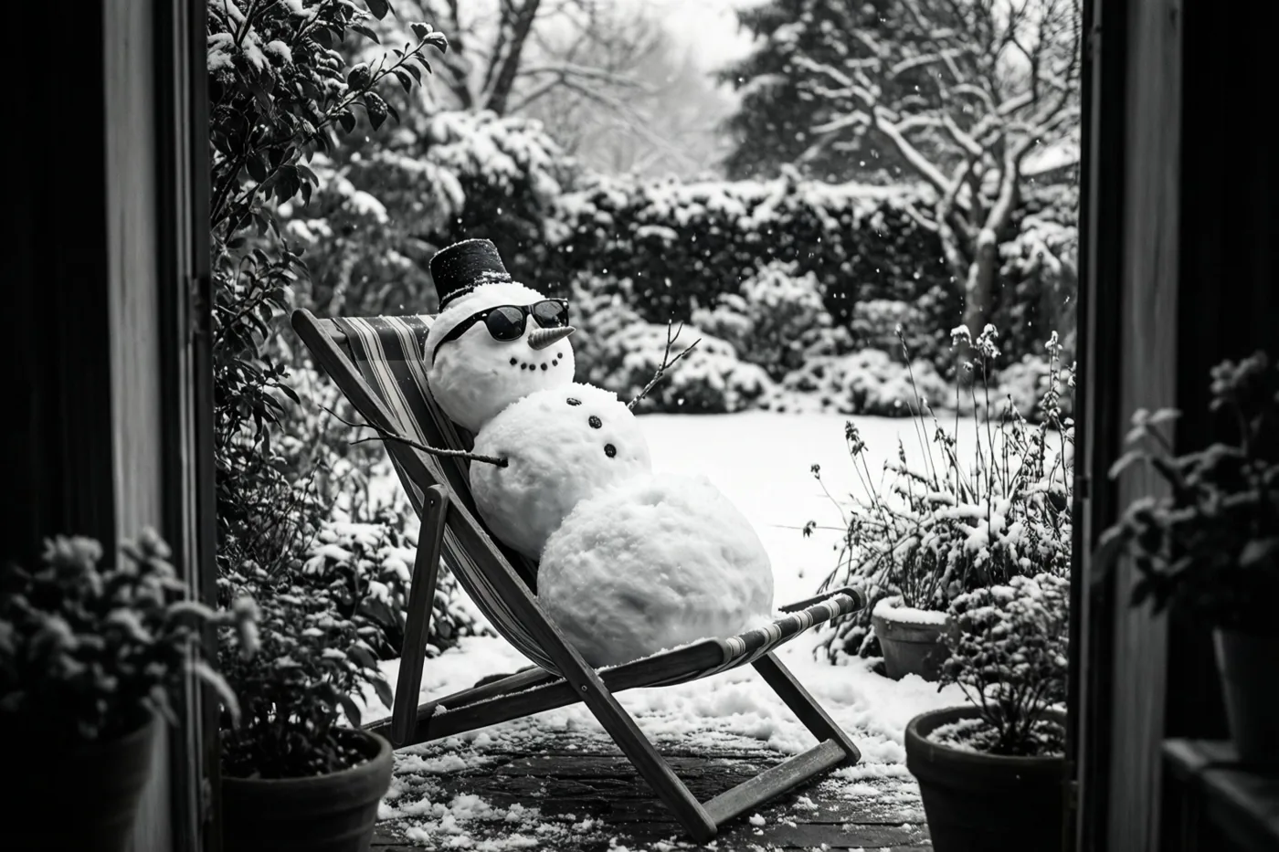 Door een deuropening is een sneeuwman met zonnebril en hoge hoed in een gestreepte ligstoel in een besneeuwde tuin te zien op een zwart-witfoto.
