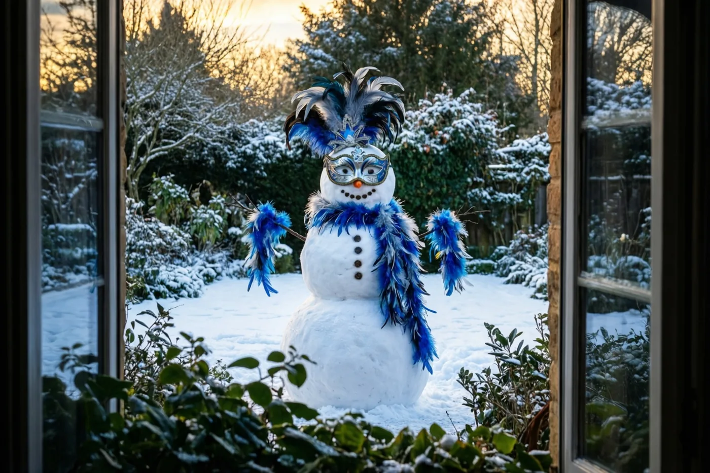 Door een raam is een sneeuwman in een besneeuwde tuin te zien met een blauw-zilveren verentooi, een siermasker en een verenboa in het gouden licht van de ondergaande zon.