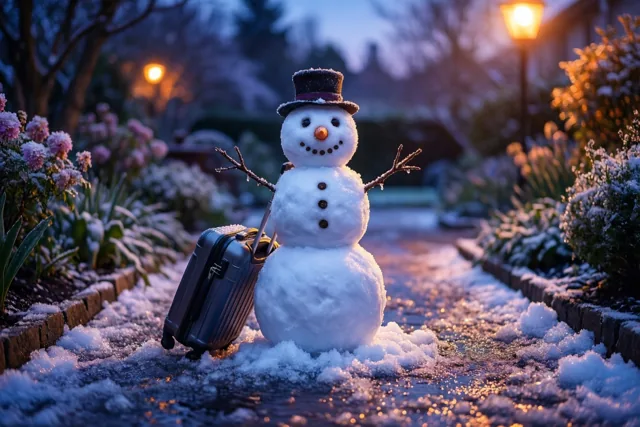 Een sneeuwman met een hoge hoed houdt een koffer vast op een licht besneeuwd tuinpad bij schemering, tussen besneeuwde planten en warme straatverlichting.