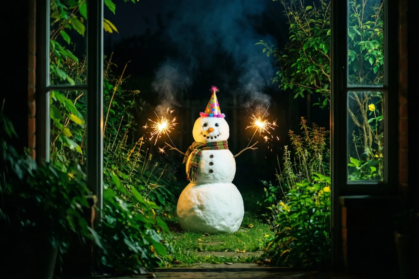 Een sneeuwman met een kleurrijk feesthoedje en een geruite sjaal houdt 's nachts twee brandende, rokende sterretjes vast in een tuin, gezien door een open raam met groen aan weerszijden.