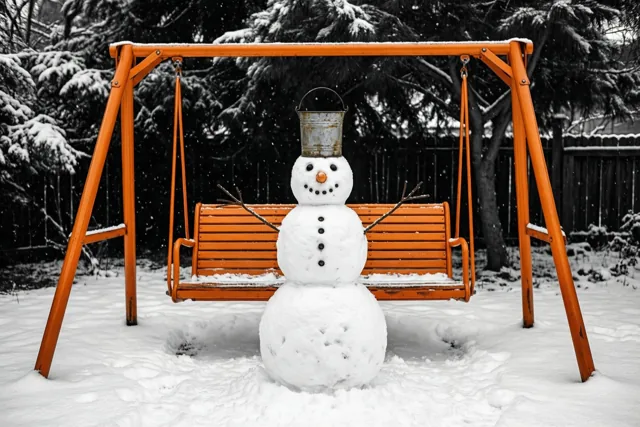Een sneeuwman met een oude blikken emmer als hoed staat voor een oranje tuinschommel, met besneeuwde bomen op de achtergrond.