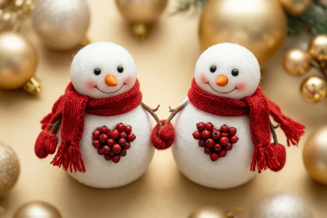 Twee sneeuwmanfiguurtjes met rode sjaals en hartjes van rode bessen op hun borst houden elkaars hand vast voor een achtergrond met gouden kerstversiering.
