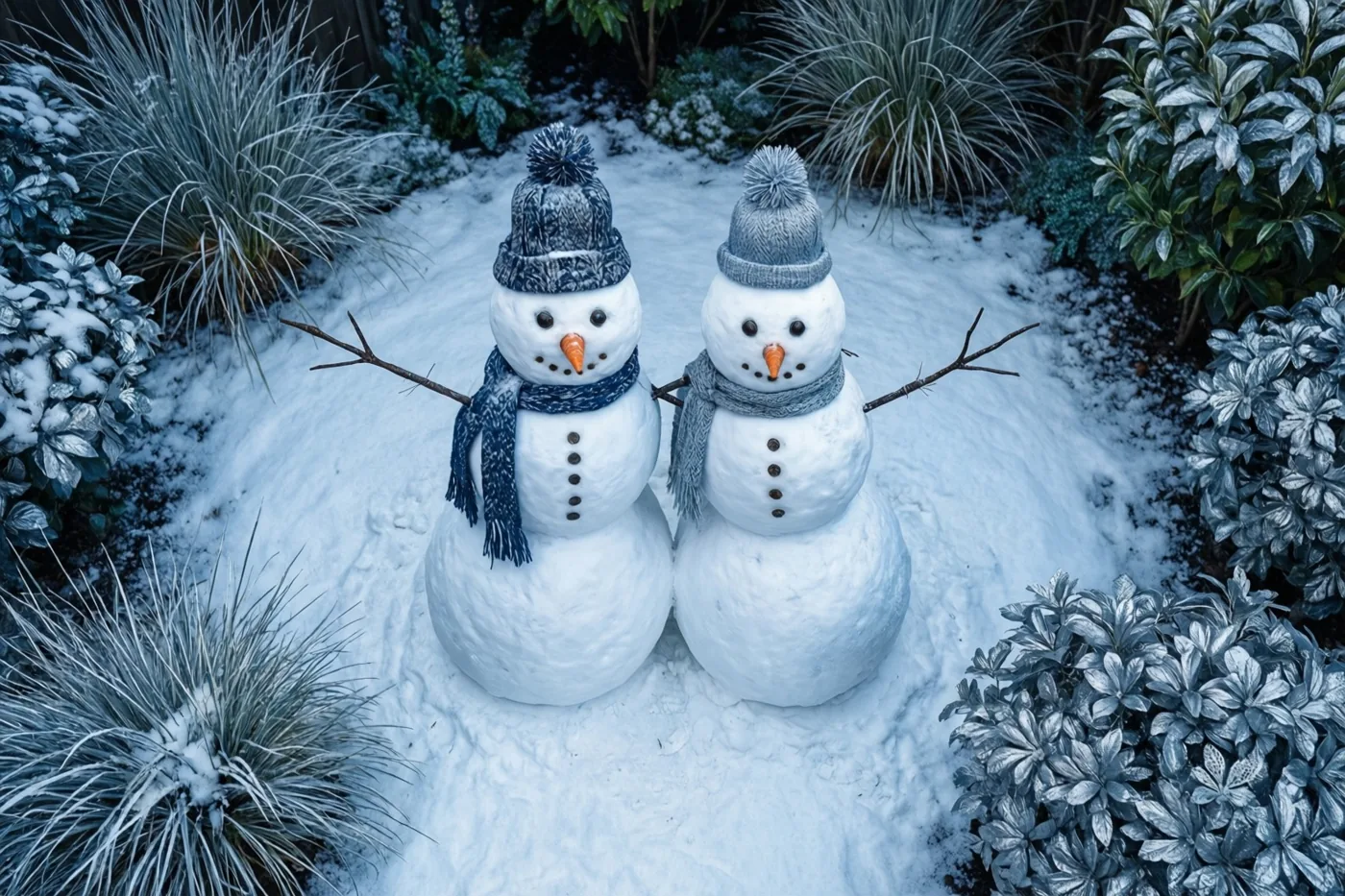 Twee sneeuwmannen staan met hun takkenarmen om elkaar heen in een besneeuwde tuin met berijpte planten, in blauwe en witte tinten.