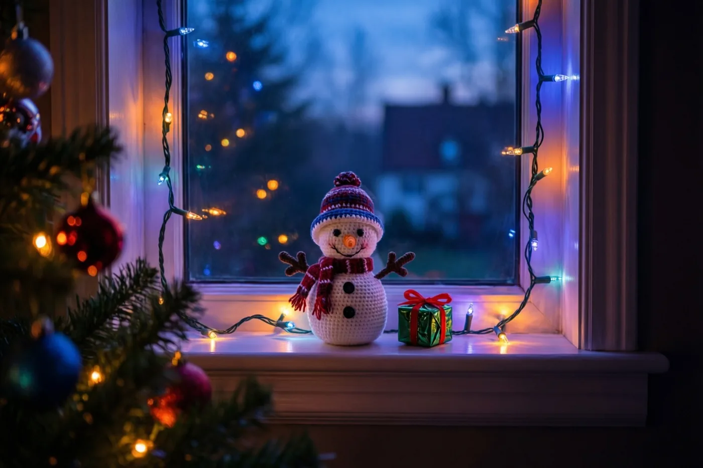 Een gehaakt sneeuwmannetje met een gestreepte muts en sjaal zit bij gekleurde lichtjes en een groen pakje met rode strik, met een onscherpe kerstboom op de voorgrond.