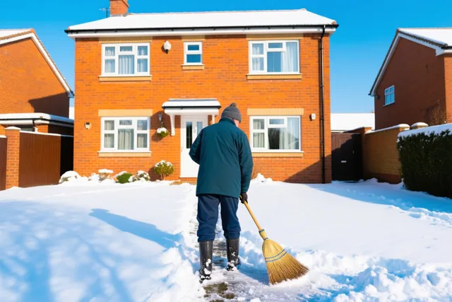 Een persoon veegt, van achteren gezien, met een bezem sneeuw van een pad voor een rood bakstenen rijhuis onder een helderblauwe lucht.