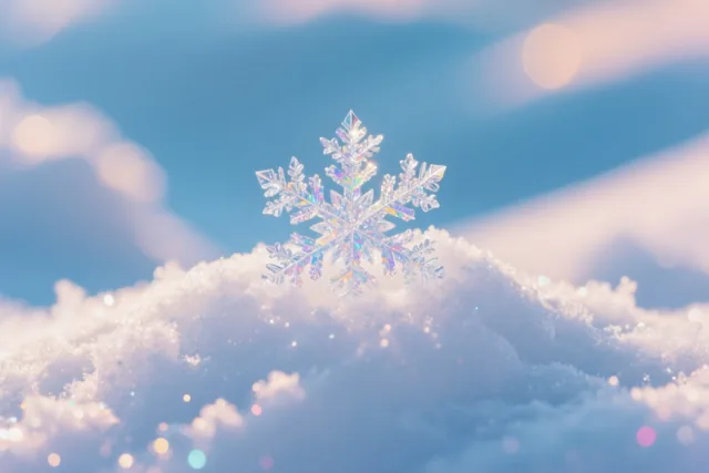 Een gedetailleerde sneeuwvlok ligt op verse sneeuw, van dichtbij gefotografeerd in blauwe en witte tinten met warme, onscherpe lichtvlekken op de achtergrond.